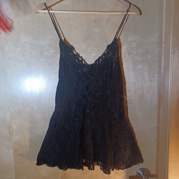 CLICHE' VINTAGE Allover Black Lace Front Split Babydoll Slip_Size Large - Picture 2 of 8